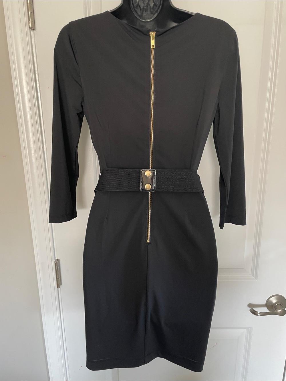 NWT Bebe long sleeve dress with gold belt and accents - Picture 4 of 12